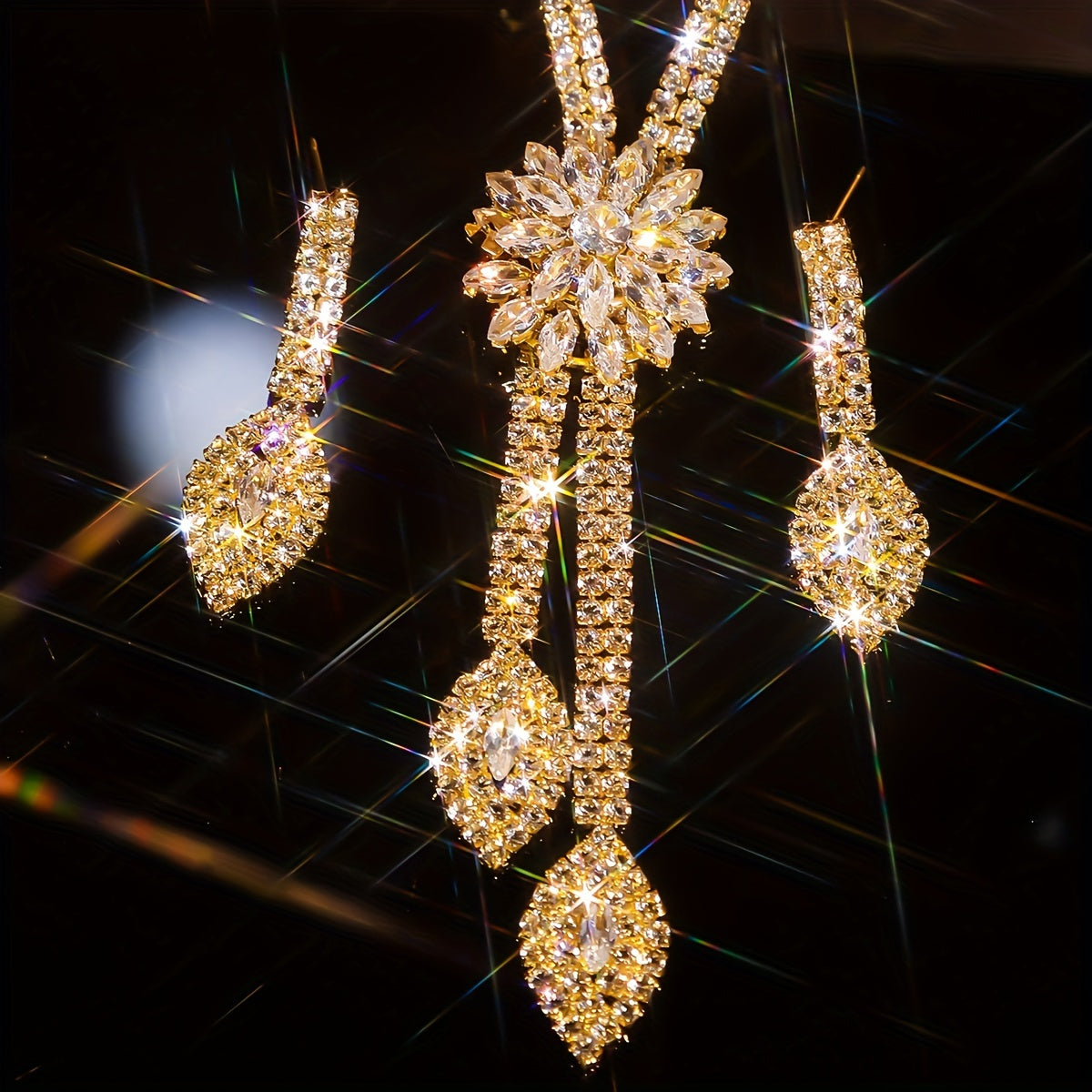 Imitation Zirconia Flower Jewelry Set Necklace Earrings Bracelet for Bridal or Special Occasion