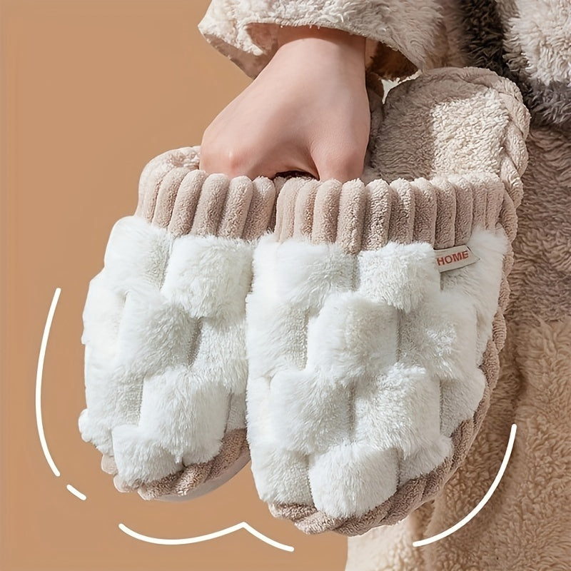 Uniseks plaid faux mo'ynali choyshablar barcha mavsumlar uchun ichki, sirpanmaydigan uy poyabzali