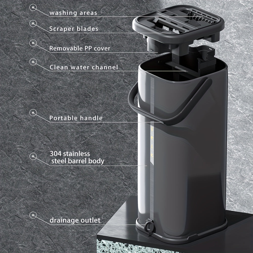 Juego de fregona plana y cubo de acero inoxidable con cabezal de microfibra para limpieza en seco y húmedo