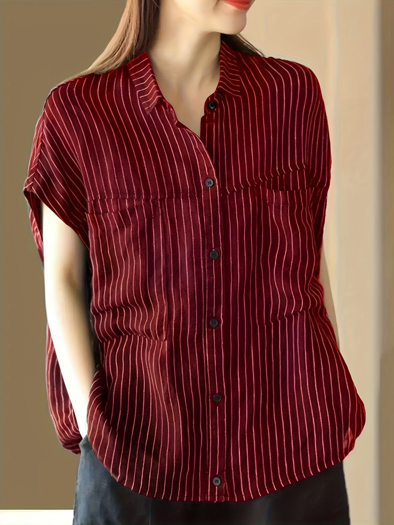 Plus o'lcham ayollar uchun erkin fit tugma bilan yopiladigan ko'ylak qora oq chiziqlar ofis kundalik