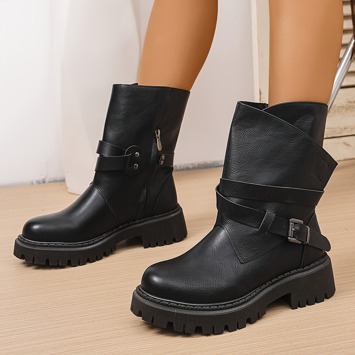 Women’s Faux Leather Chunky Platform Ankle Boots with Zipper and Thick Sole