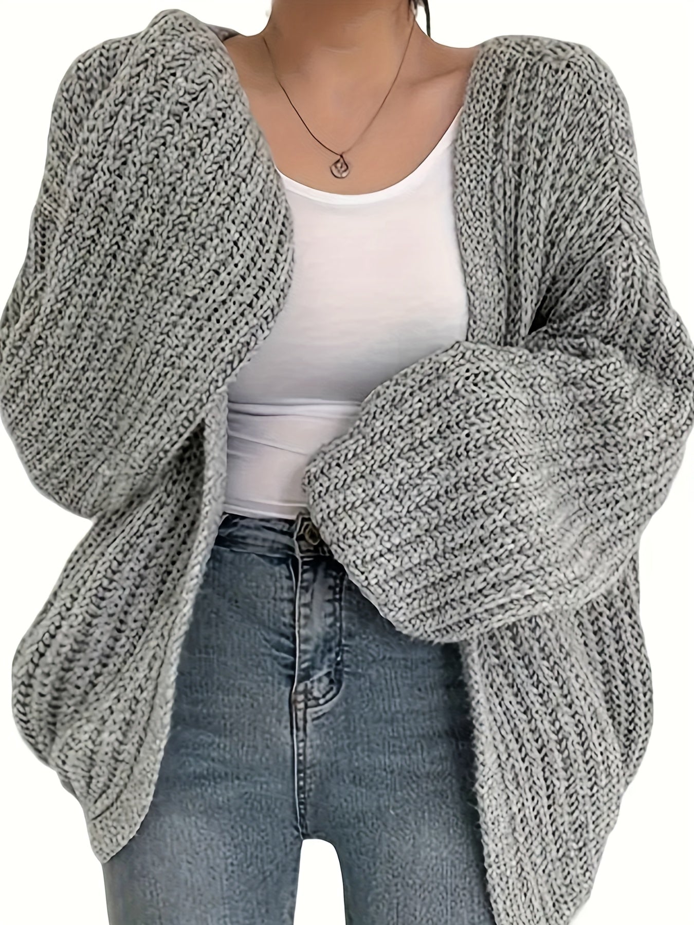 Ayollar uchun keng hajmli yengil kulrang kardigan, uzun yengli ochiq oldi sviter