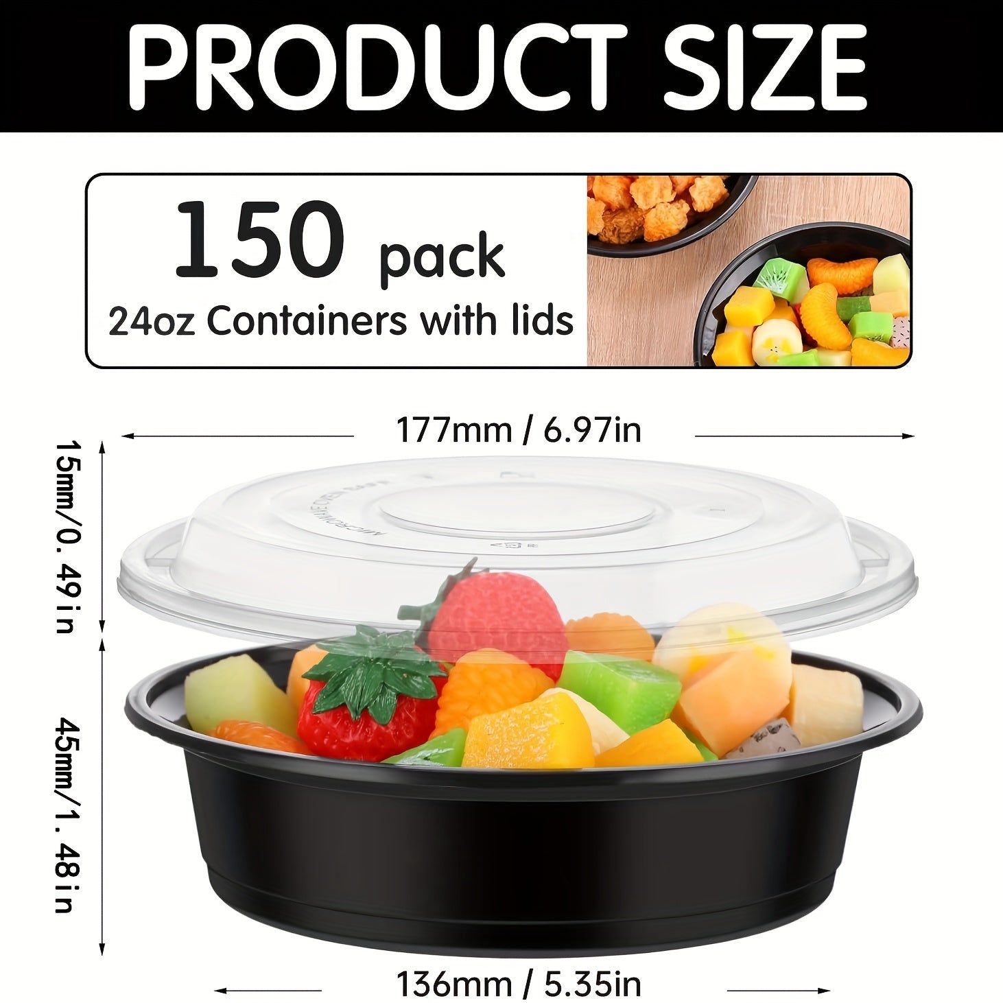 24oz Black Plastic Food Storage Bowls with Lids Pack of 10 30 50 Leakproof Microwave Safe