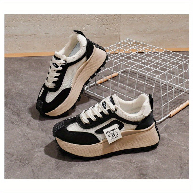 Women's Breathable Lightweight Chunky Sneakers Casual Low-Top Shoes Black White