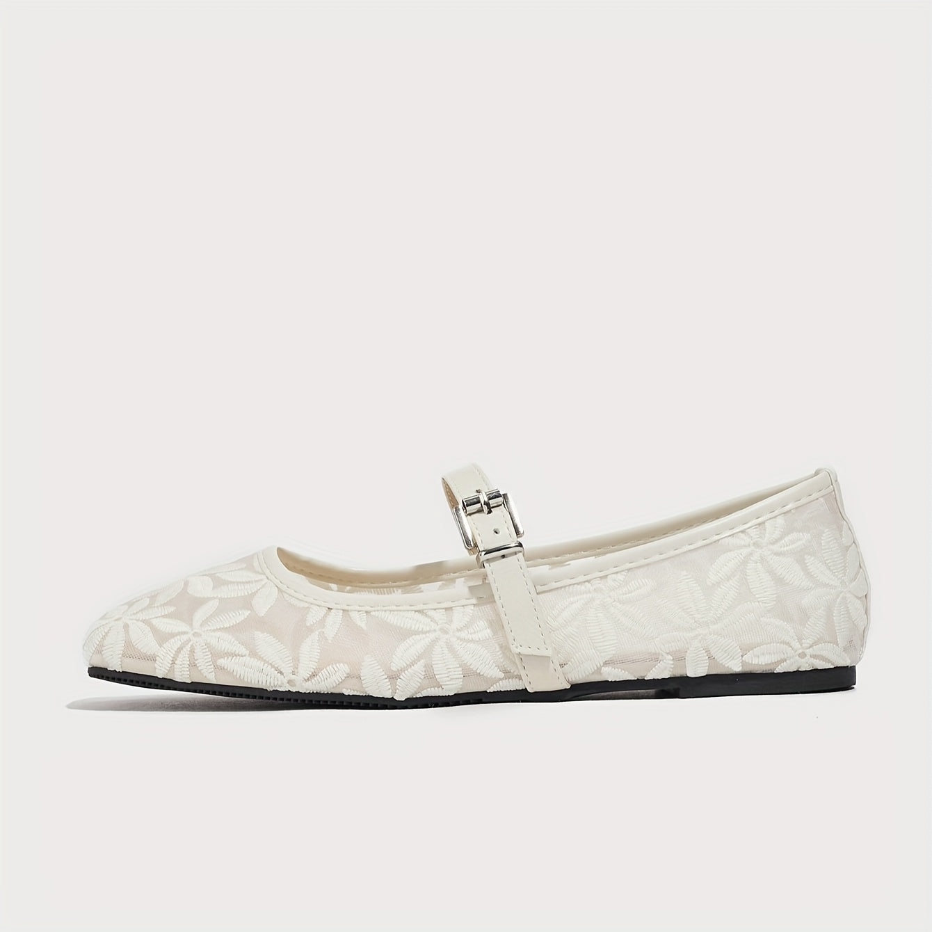 Women's White Ballet Flats with Floral Embroidery Breathable Mesh Square Toe