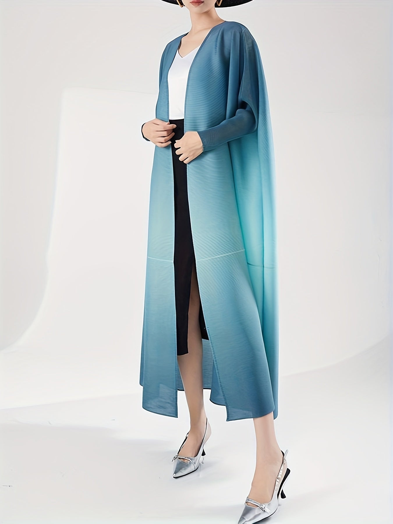 Vestido de punto largo para mujer con cardigan de manga batwing en degradado azul, ligero y casual