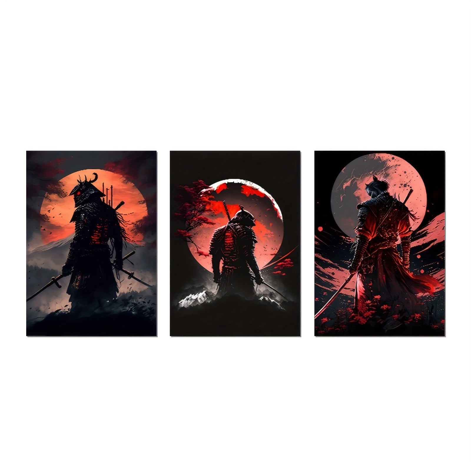 Japanese Samurai Mountain Canvas Wall Art Set of 3 Frameless Modern Retro Decor for Living Room Bedroom Office