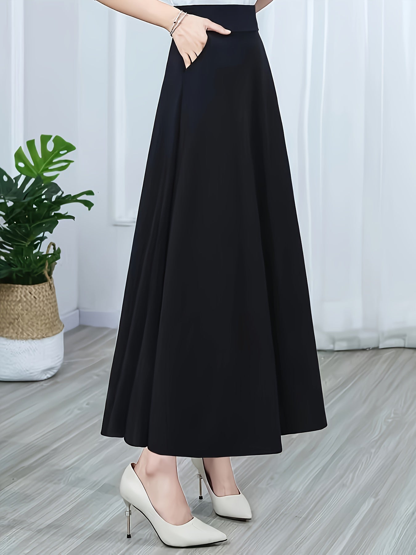 Women's High Waist A-Line Skirt with Slant Pockets Solid Color for Spring and Summer