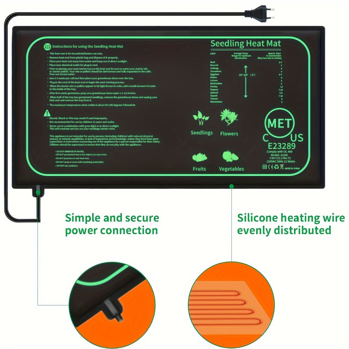 Alfombra de calor para plántulas negra para jardinería interior, invernadero, hábitat de reptiles, 220V enchufe europeo