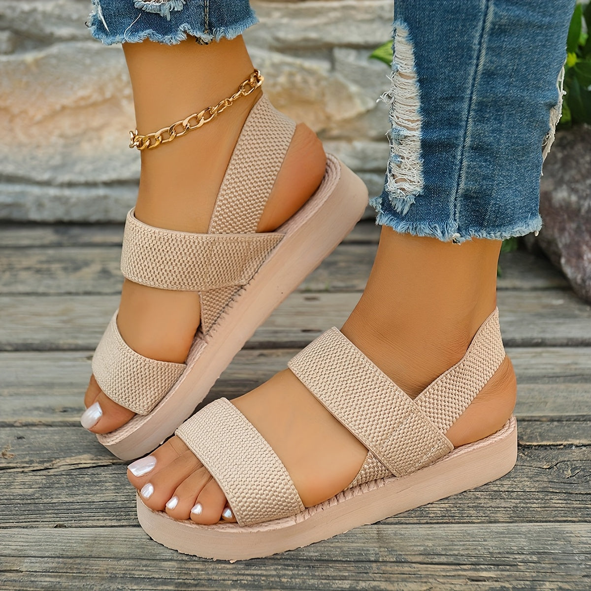 Women's Open-Toe Slip-On Sandals with Adjustable Straps, Breathable Fabric