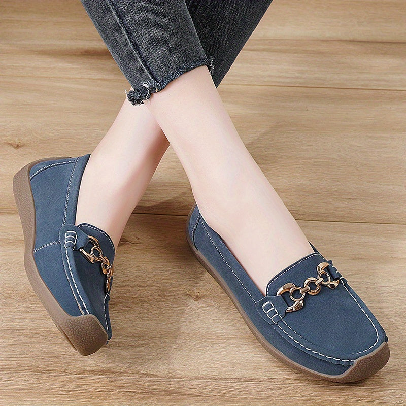 Women's Brown Synthetic Slip-On Loafers with Gold Chain, Round Toe