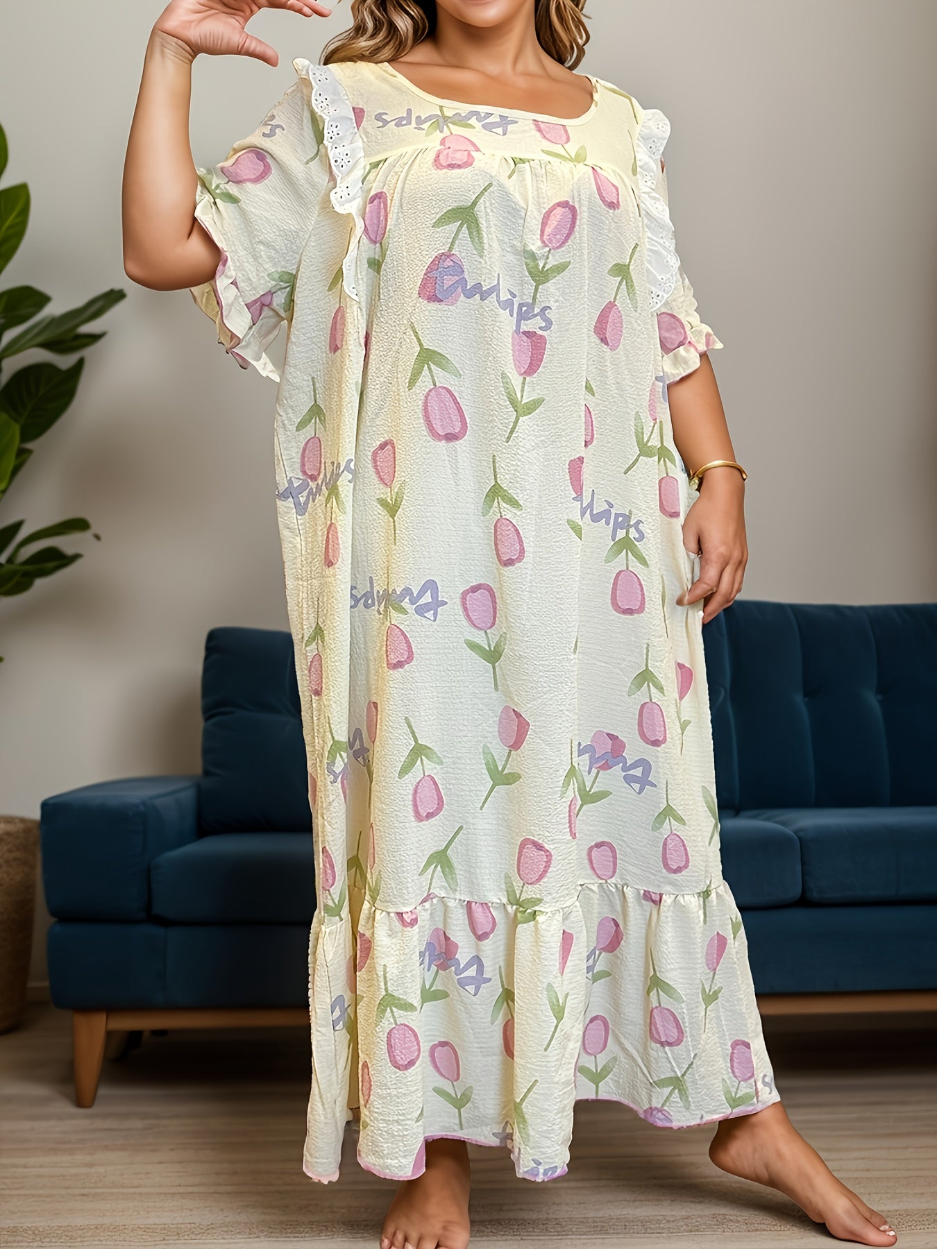 Plus Size Women's Sleep Dress with Tulip Print Bubble Sleeves Ruffle Hem