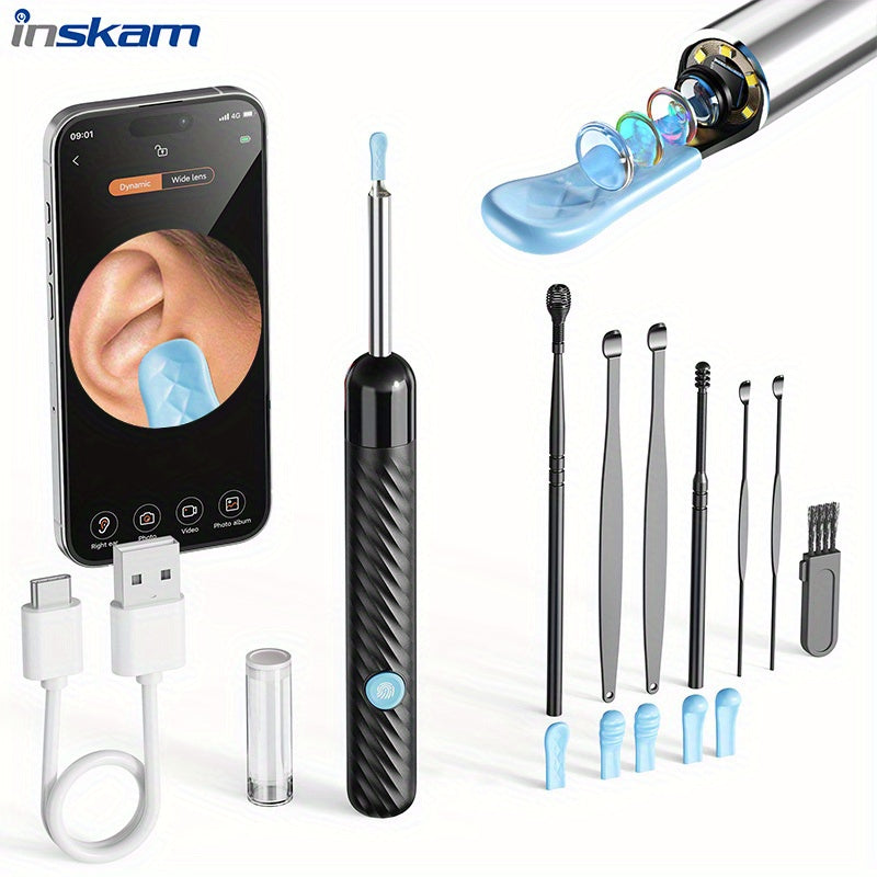 INSKAM quloq mumini tozalash vositasi, kamera, yorug'lik va 6 ta quloq qopqog'i bilan. Yettita qismlik simsiz quloq mumini olib tashlash vositasi. Wifi ulanishini qo'llab-quvvatlaydi, barcha smartfonlar bilan ishlaydi. Qayta zaryadlanadigan litiy.