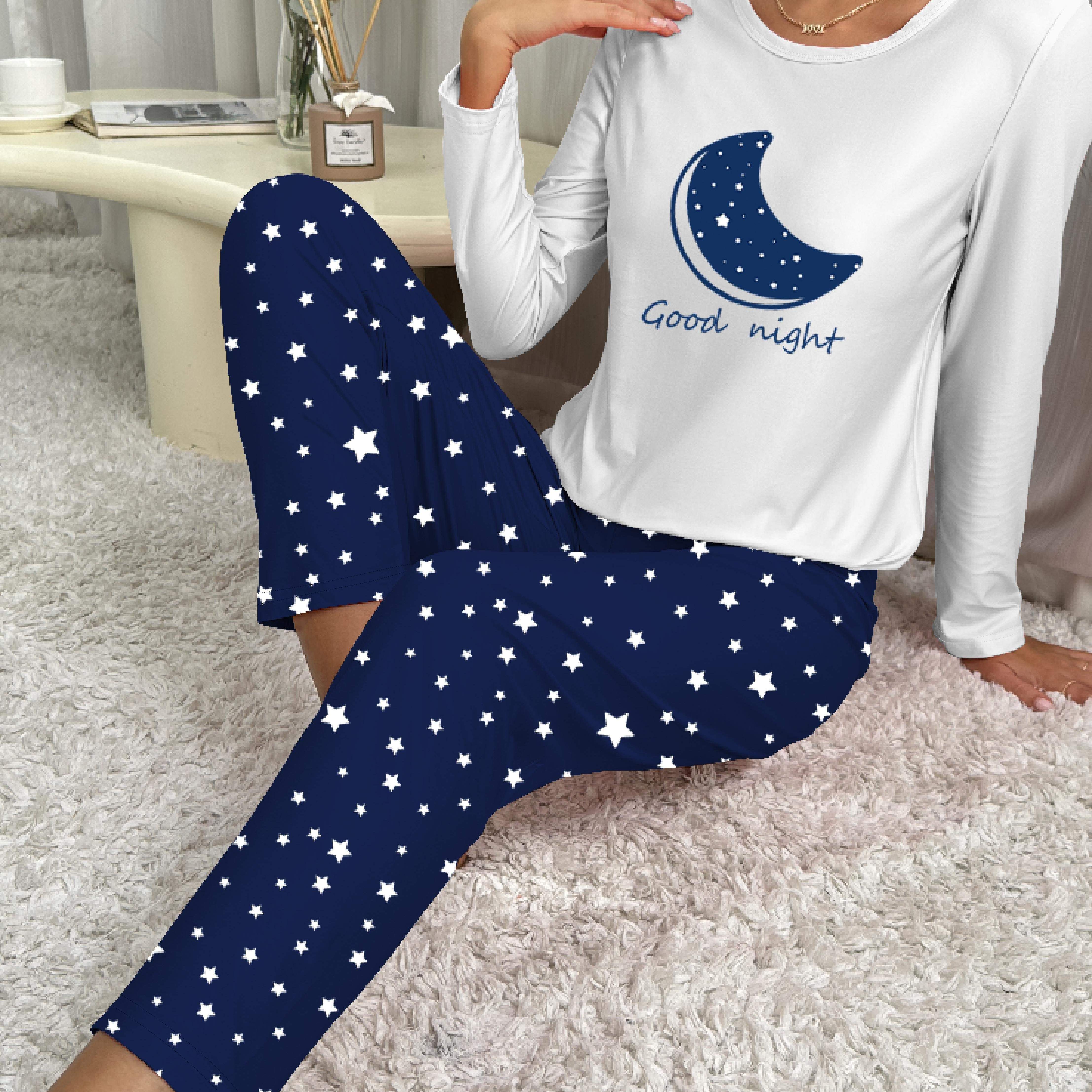 Women's Starry Print Pajama Set Long Sleeve Crew Neck Top Elastic Waist Pants Sleepwear Loungewear