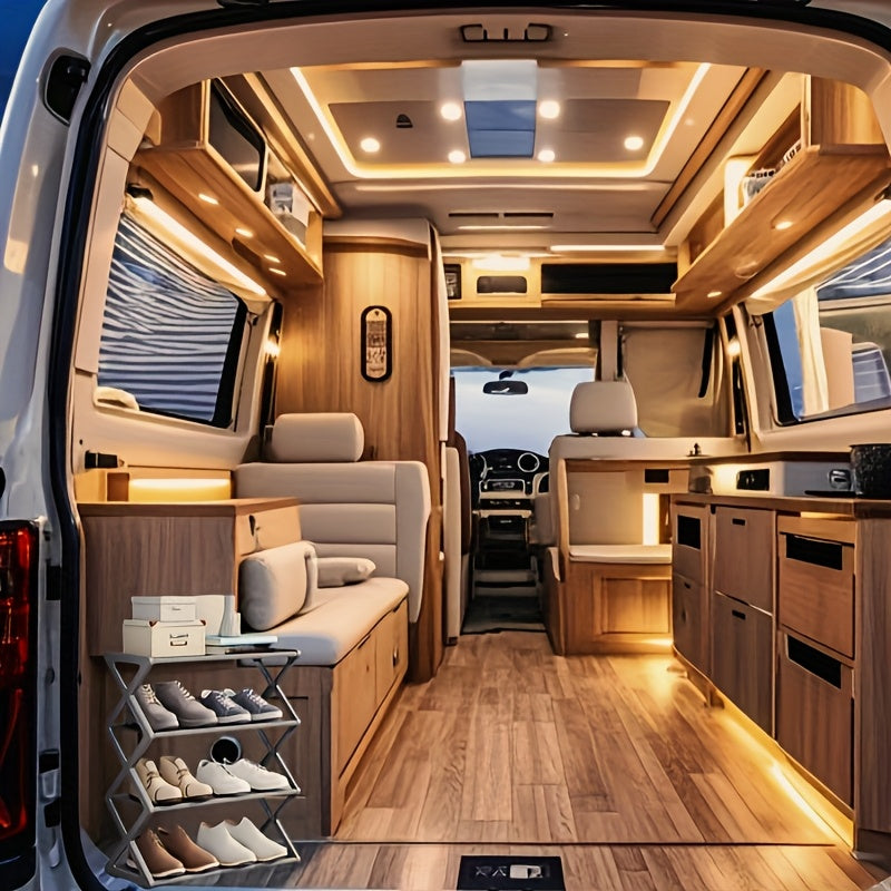 Оптимизируйте свое пространство с помощью нашей 4-уровневой складной полки для обуви — вмещает 12 пар обуви и увеличивает площадь хранения