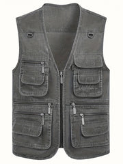 Plus Size Men's Cotton Blend Vest with Multiple Pockets for Spring Fall Winter