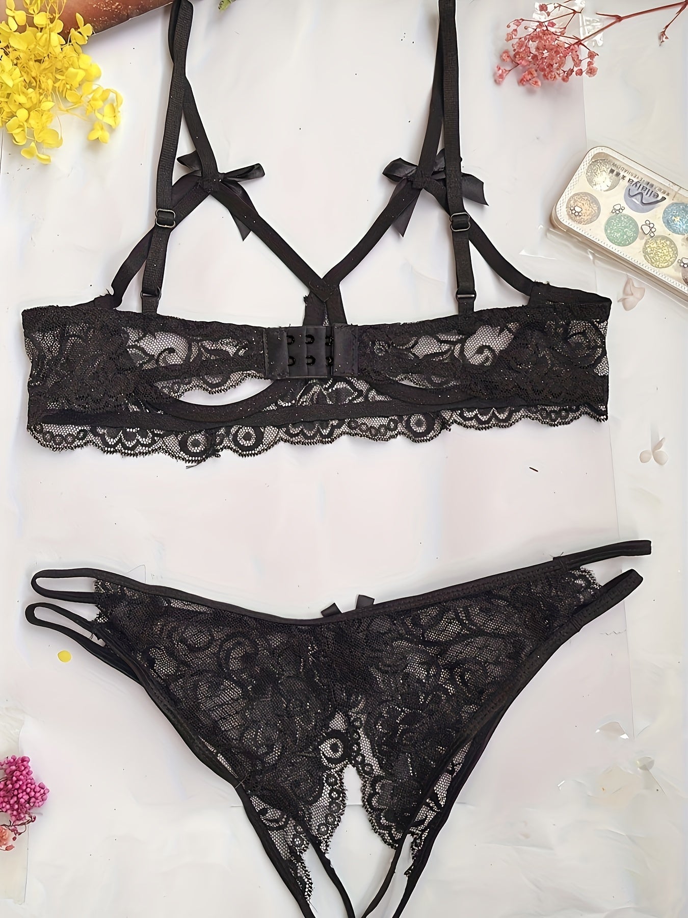 Conjunto de lencería de encaje floral con lazo para mujer, sujetador con escote abierto y braga sin entrepierna