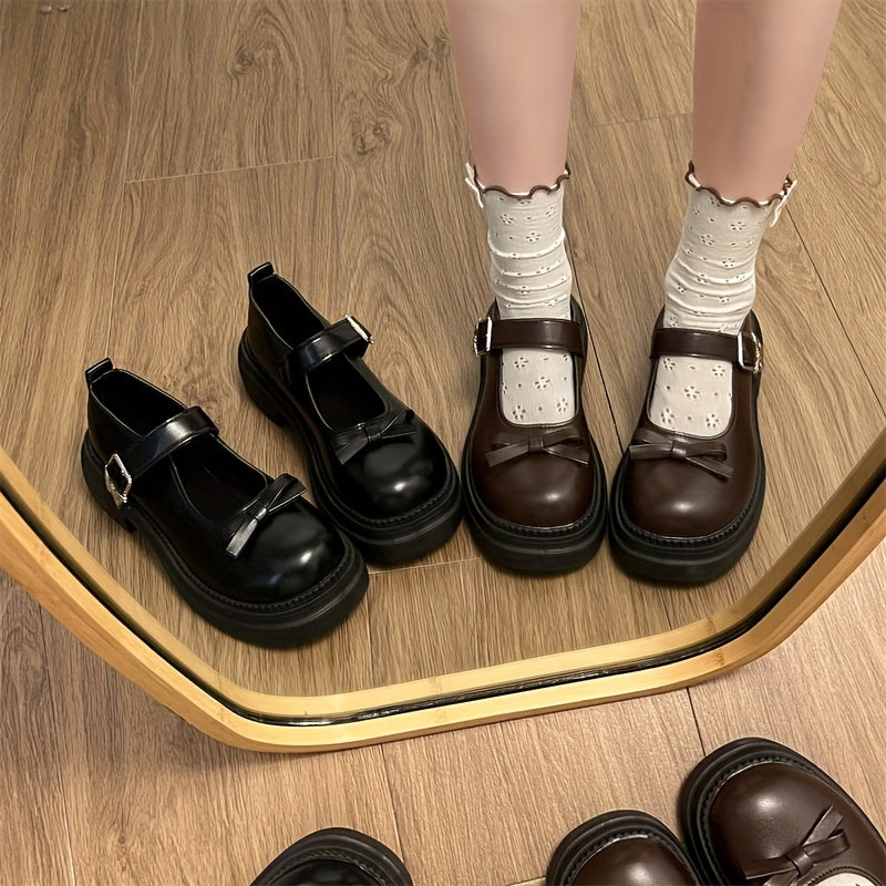 Women’s Black Synthetic Mary Jane Shoes with Bow, Rubber Sole