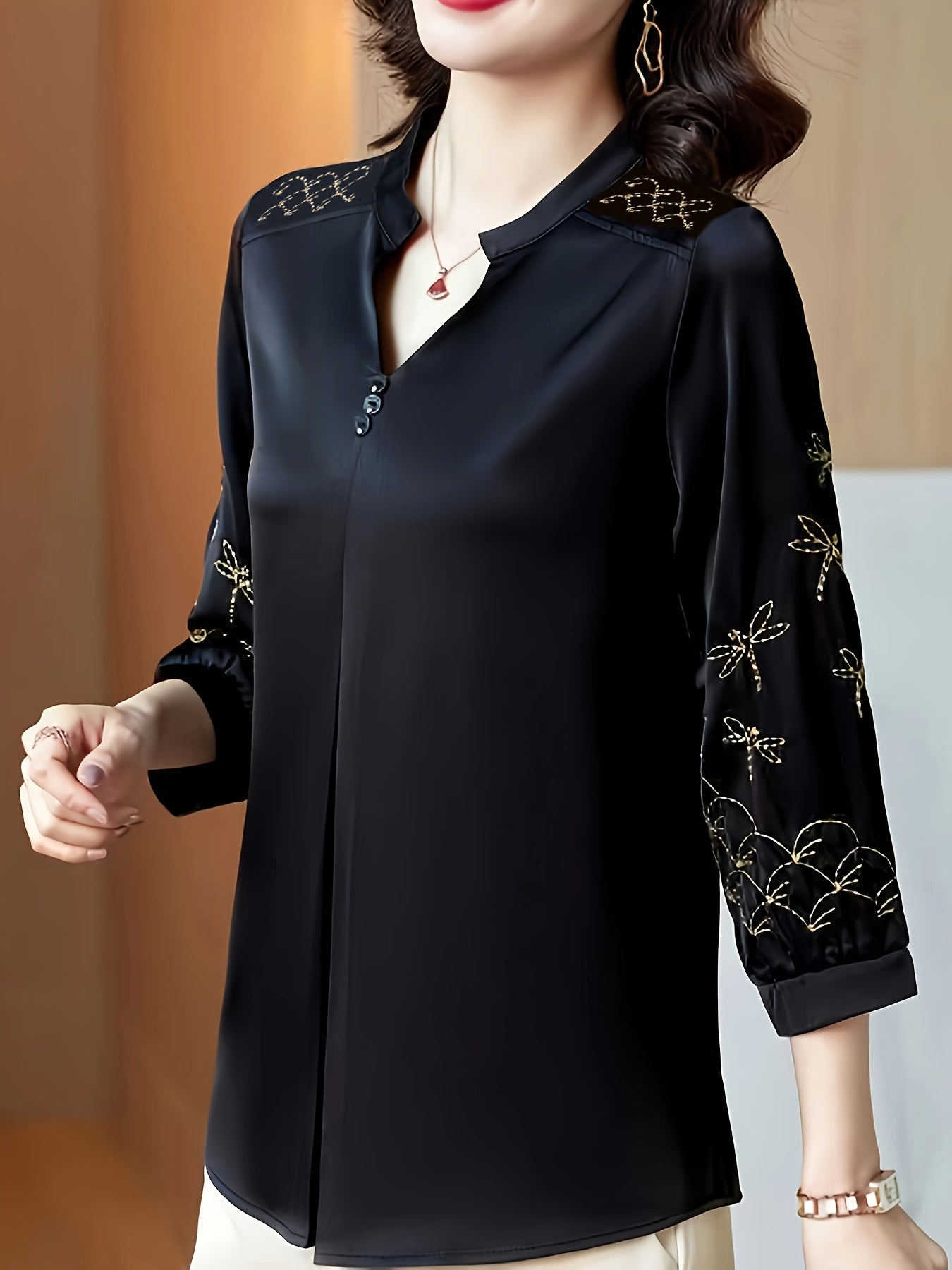 Women's Embroidered Notched Neck Blouse with 3/4 Sleeves for Spring and Fall