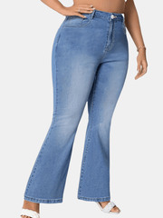 Women's Plus Size Blue Flare Jeans Stretch Denim Button Fly Casual Long Length