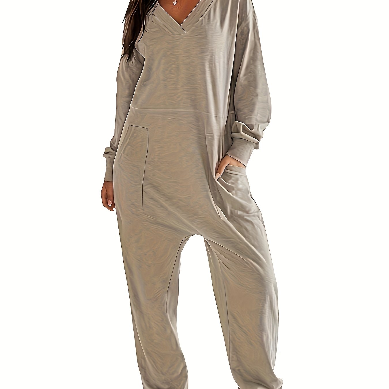 Women's Plus Size V-Neck Jumpsuit with Pockets and Stretch Fabric