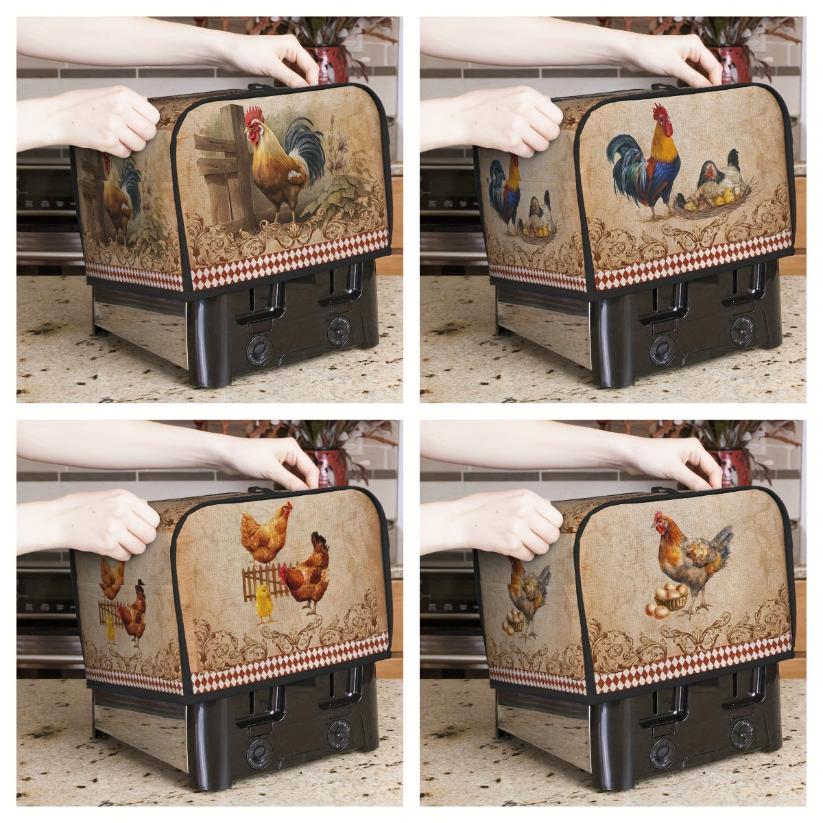 Bir dona Vintage Rooster Print Toaster Cover va ikki dona Wide Slot Toaster Cover. Ushbu zamonaviy qopqoqchalar kichik oshxona jihozlaringizni himoya qilish va ularni toza saqlash uchun mo'ljallangan. Ular tozalash uchun oson va sizning