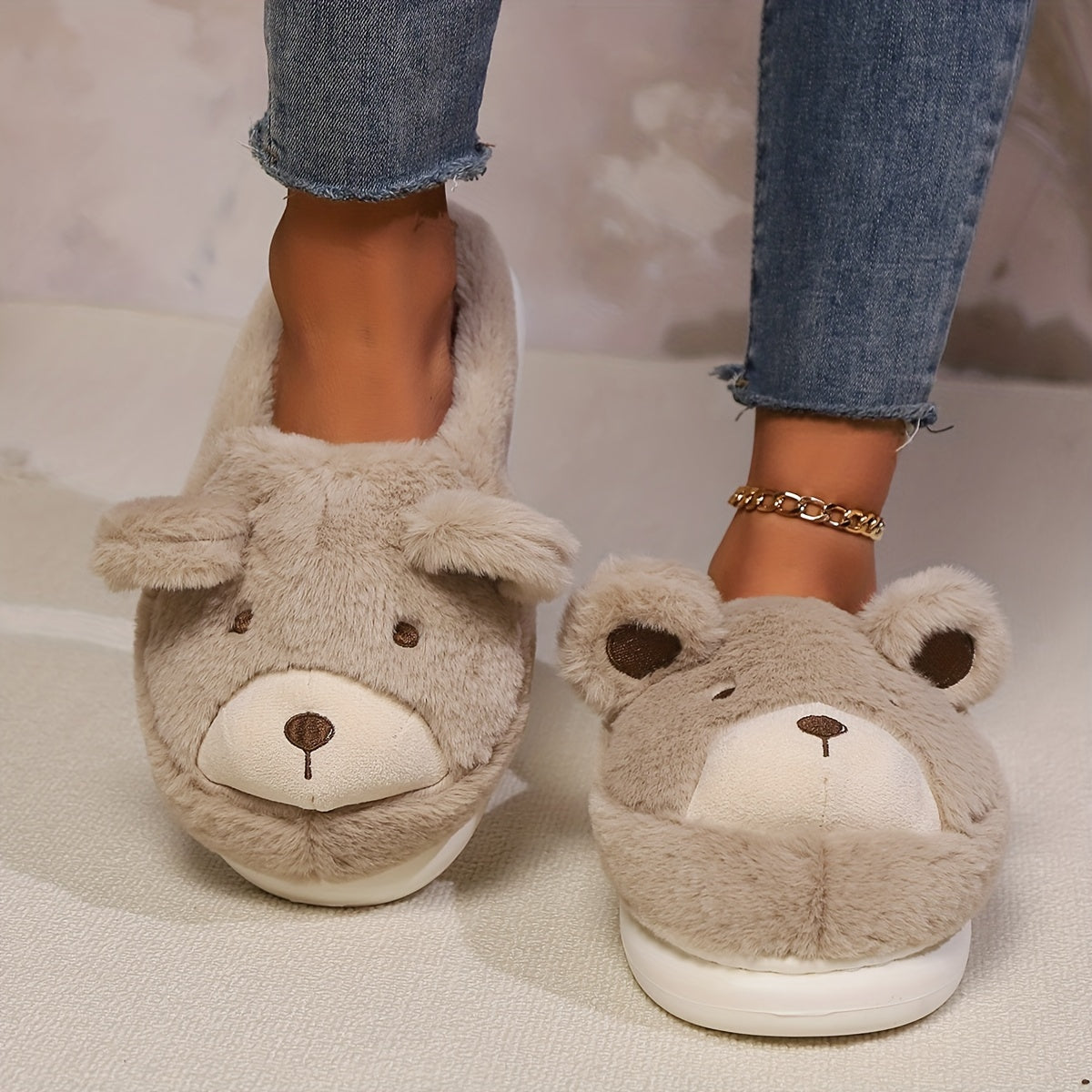 Women's Plush Bear Slippers All-Season Non-Slip Cozy Indoor Shoes