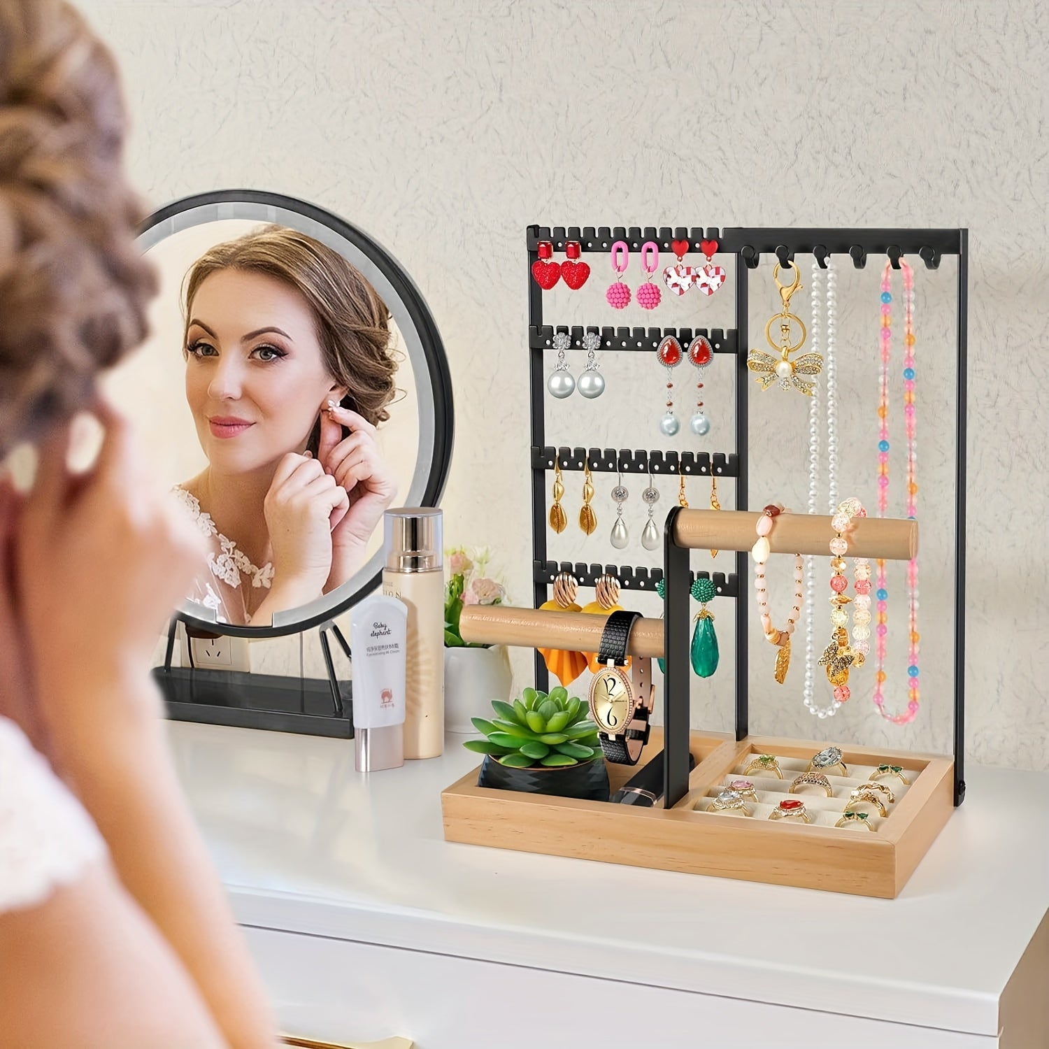 Jewelry Organizer with 4-Tier Earring Holder Necklace Ring Bracelet Storage Tower