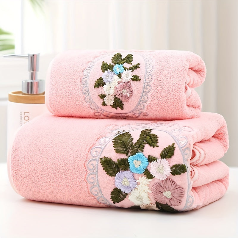 Set of 2 Embroidered Coral Fleece Towels Hand and Bath Soft Absorbent Fast-Drying