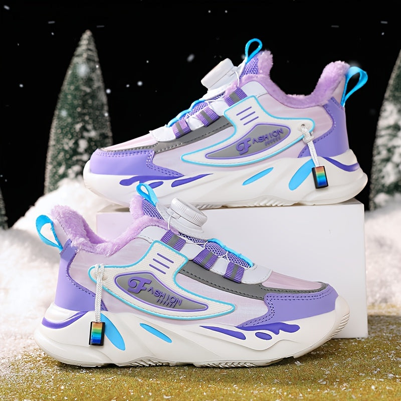 Girls Fleece-Lined Athletic Sneakers Stripes Mid-Top Casual Running Shoes