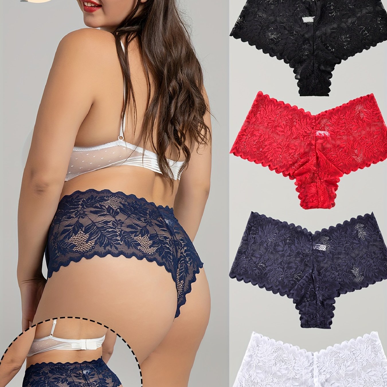 Plus Size Women's Lace Briefs 4 Pack High Stretch Solid Color Sexy Panties