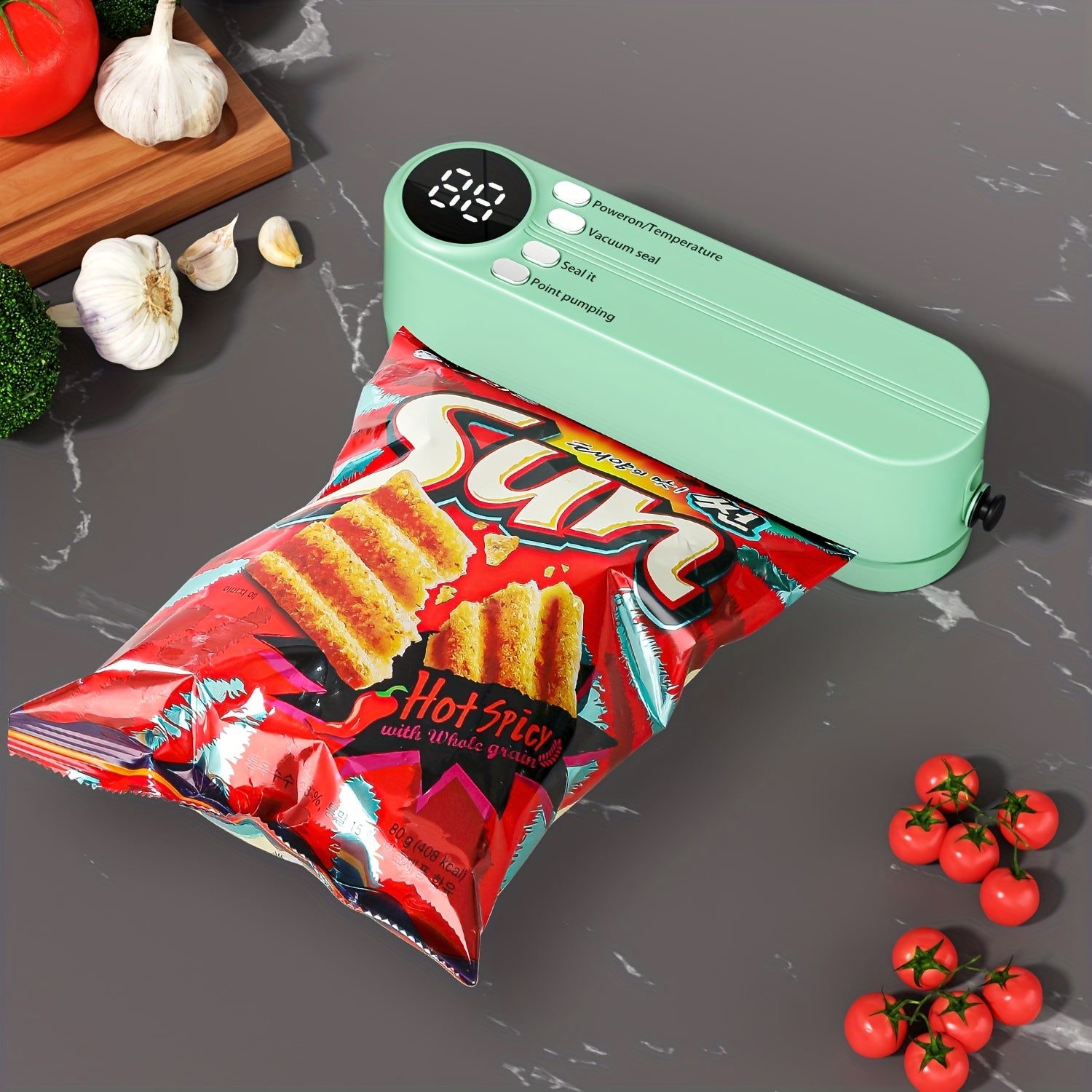 USB bilan qayta to'ldiriladigan vakuum yopishtiruvchi to'plam, tez yopish uchun, pompasi va havo o'tkazmaydigan sumkalarni o'z ichiga oladi, oziq-ovqat, atıştırmalıklar, go'sht, meva, sabzavotlarni saqlash uchun ideal, va joyni tejovchi dizayn.