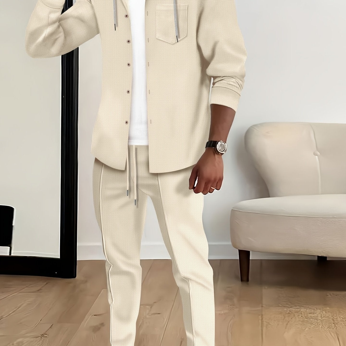 Men's Long Sleeve Hooded Waffle Solid Sports Suit Set for Spring and Autumn