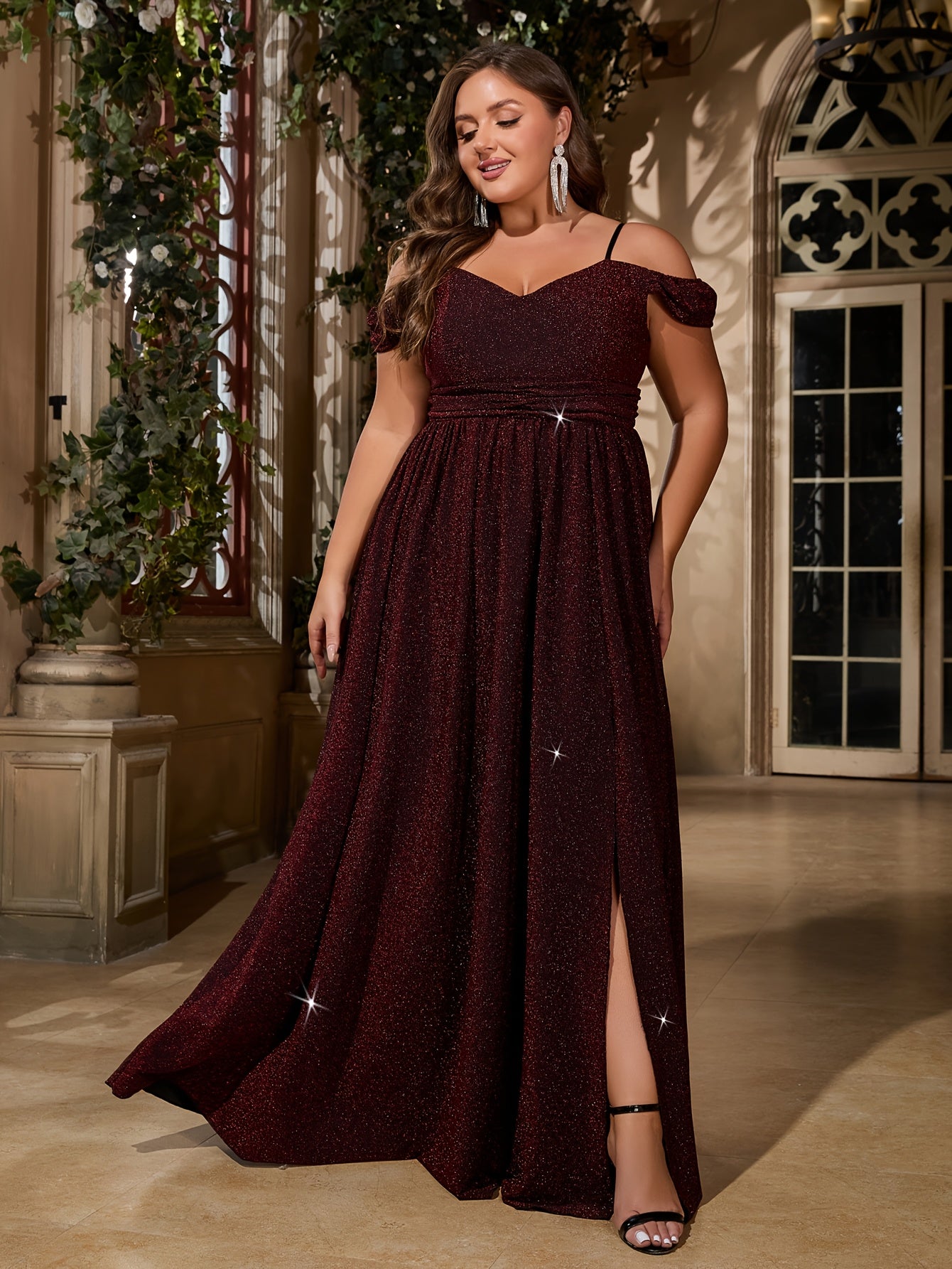 Plus Size Off-Shoulder Glittery Maroon Bridesmaid Dress Long Gown