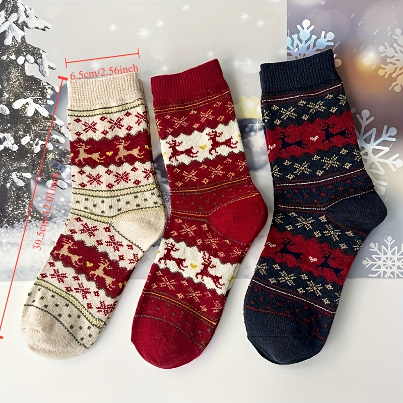 Women's Christmas Reindeer Snowflake Cozy Thick Socks Set of 3 in Mixed Colors