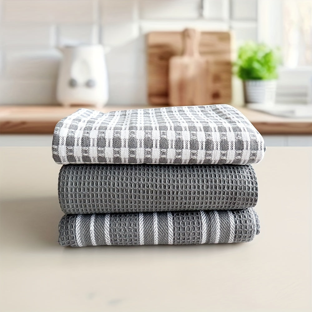 Set of 3 Grey Waffle Weave Kitchen Towels 45x65 cm for Drying Dishes and Hands