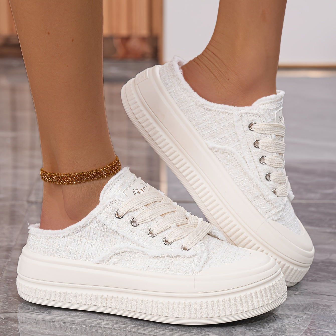 Women's Summer Platform Mules Sneakers Breathable Fabric White Pastel