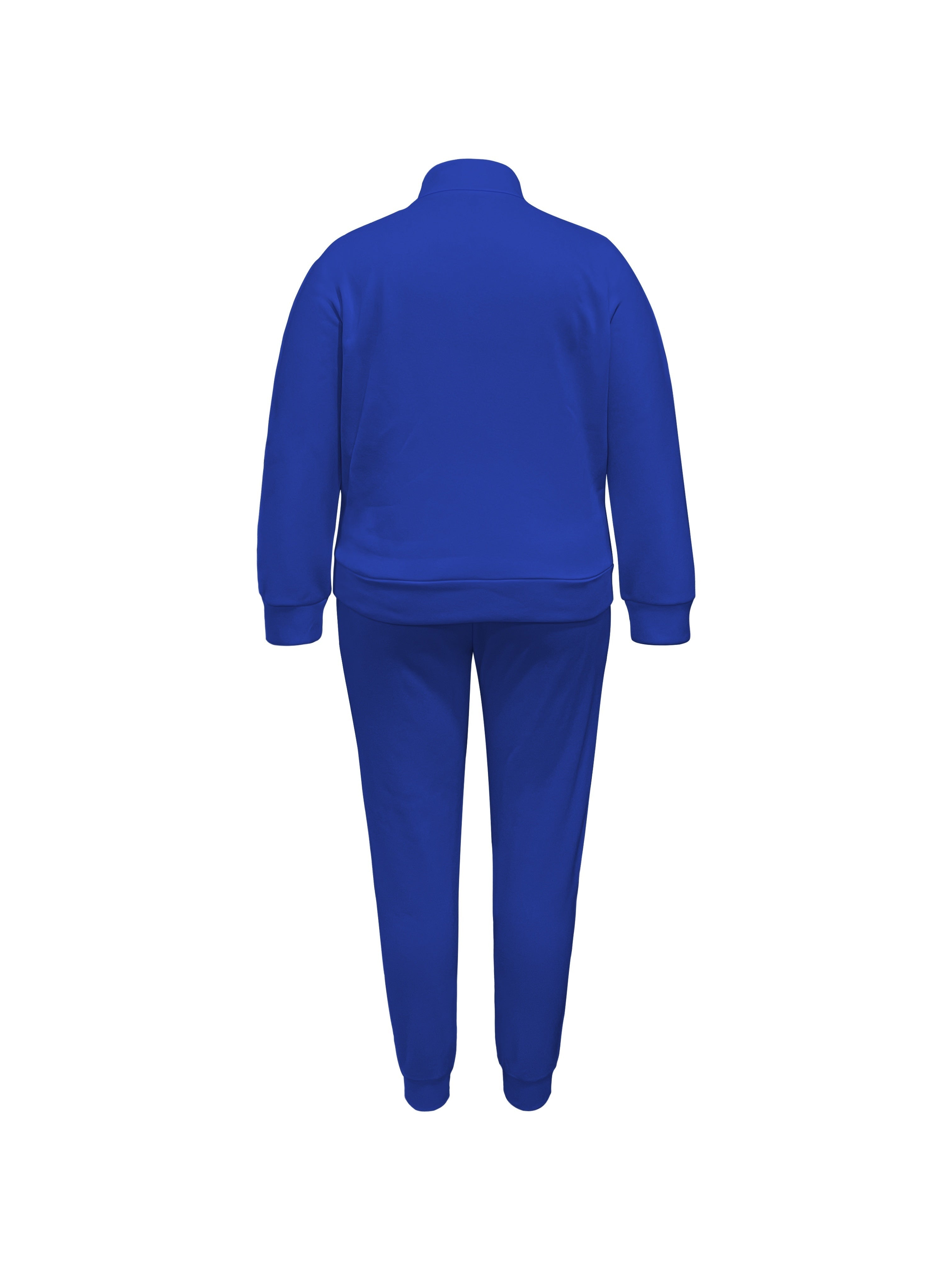 Ayollar uchun tasodifiy sport uslubidagi ikki qismli to'plam: cho'ziladigan cho'ntaklari va tortish qismiga ega ko'k va sariq fermuarli kurtka va mashinada yuvilishi mumkin bo'lgan polyester aralashmasidan tayyorlangan sport shimlar.