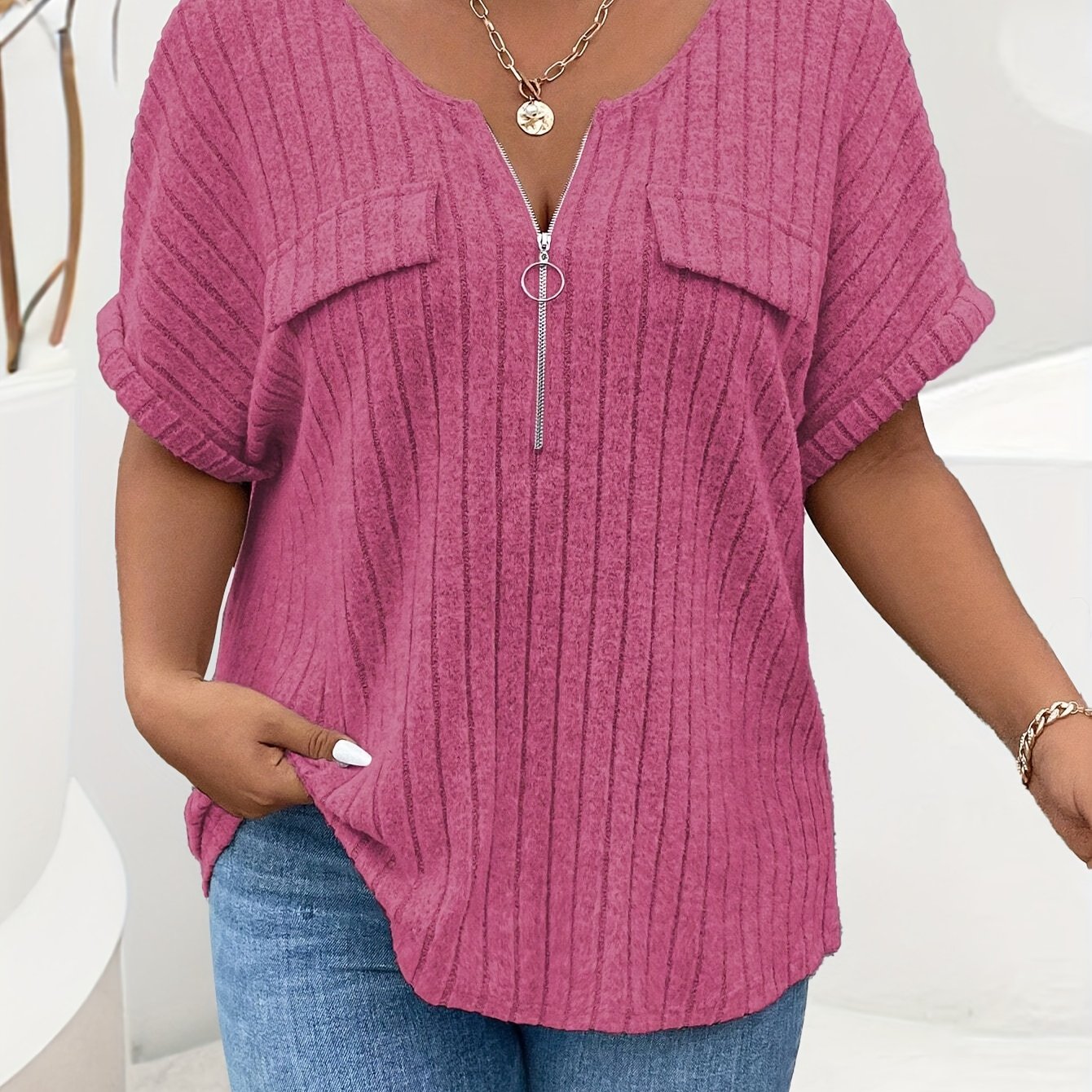 Women's Maroon Ribbed T-Shirt with Zip Pocket Casual Loose Fit Polyester Spandex Plus Size