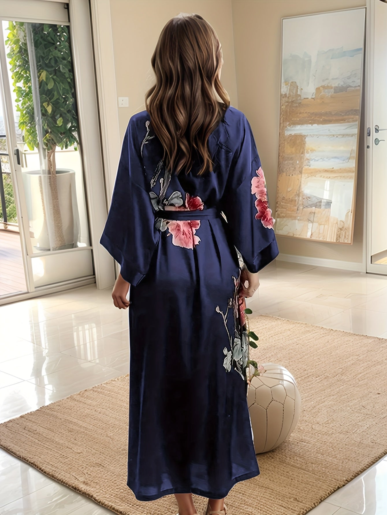 Plus Size Floral Satin Robe for Women Long Sleeve V-Neck Lounge Wear