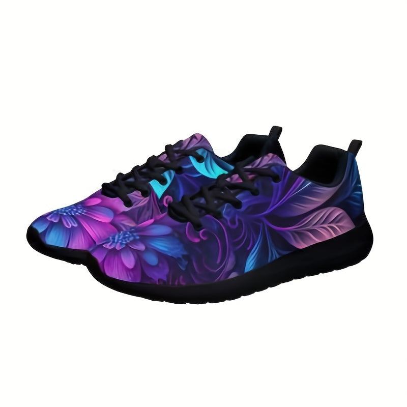 Women's Flower Pattern Sneakers, Lace-Up Outdoor Shoes, Platform Style