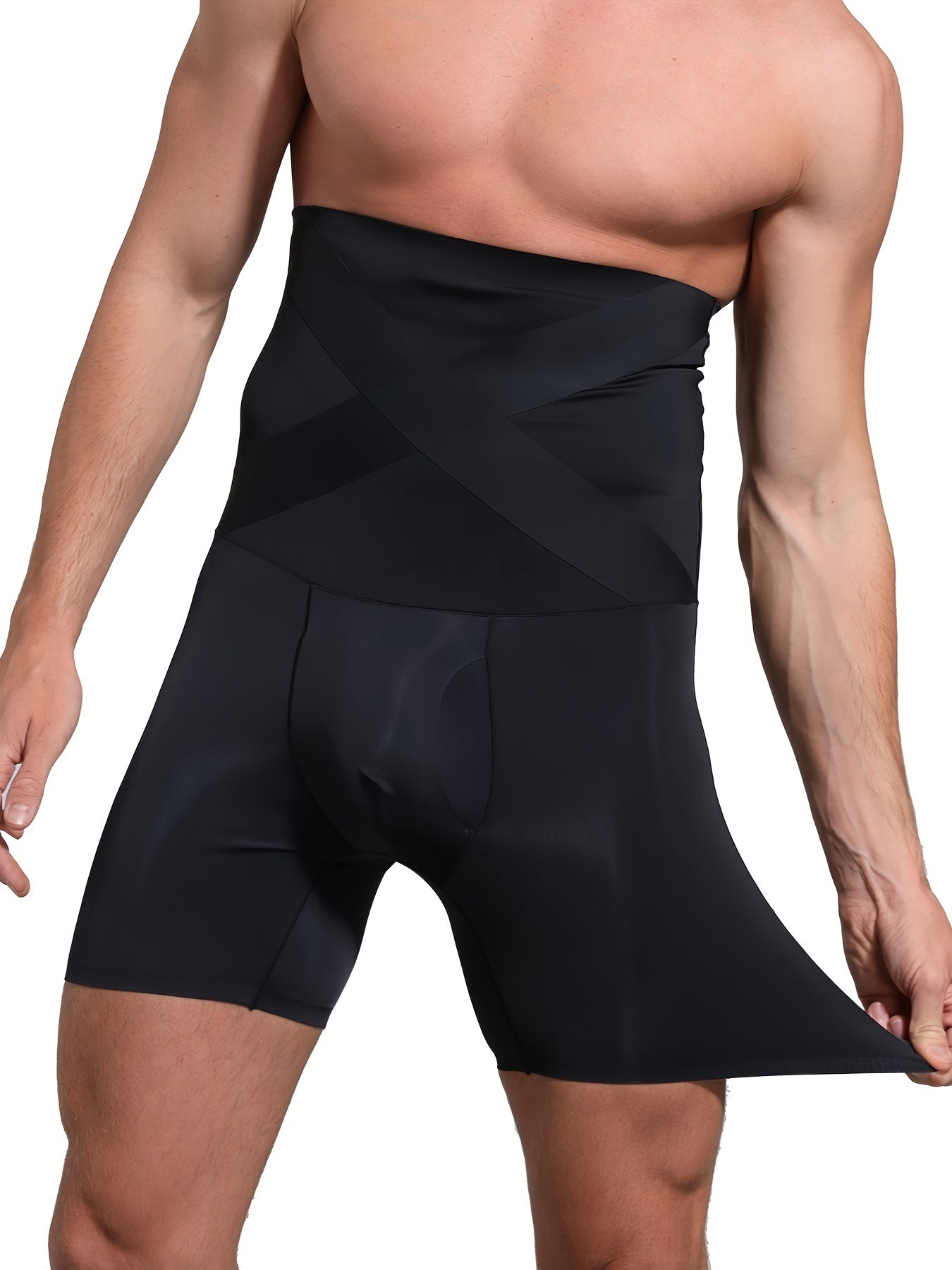 Erkaklar uchun yuqori belni siqadigan shapewear shortlari, naylon va elastandan tayyorlangan. Mashinada yuvish mumkin, bir rangda va sport uslubida.