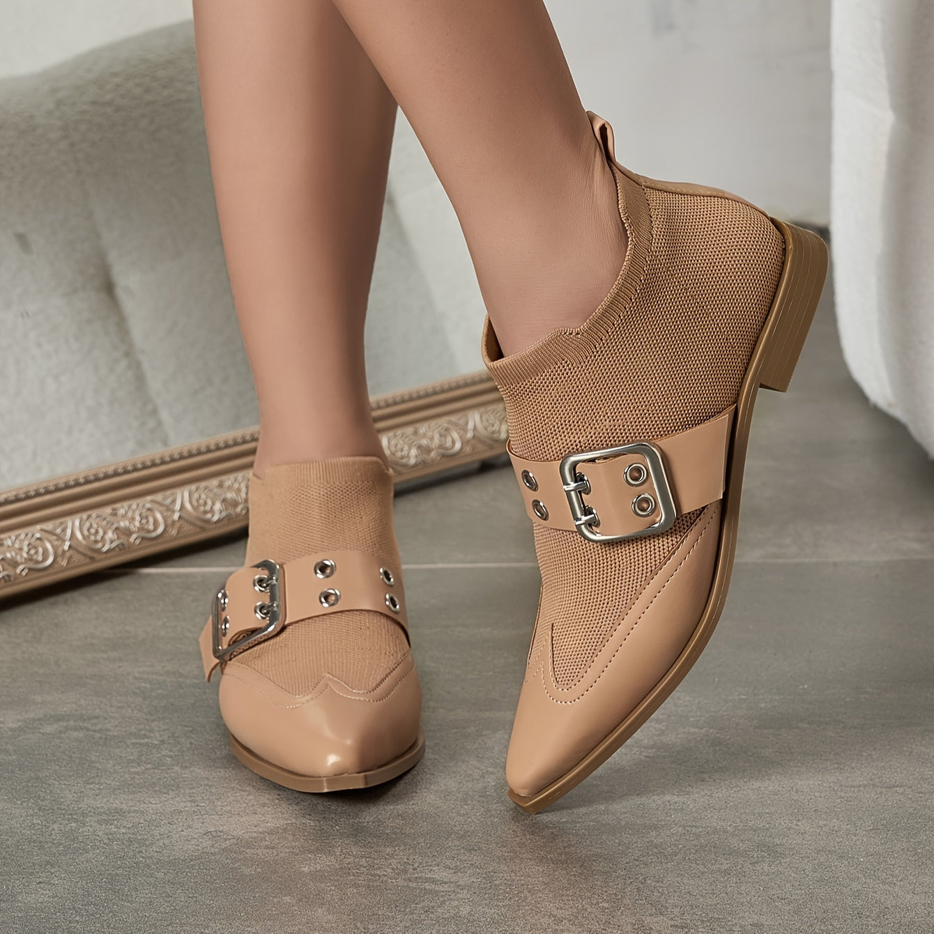 Women's Stretch Slip-On Ankle Booties with Buckle Flat Heel Pointed Toe