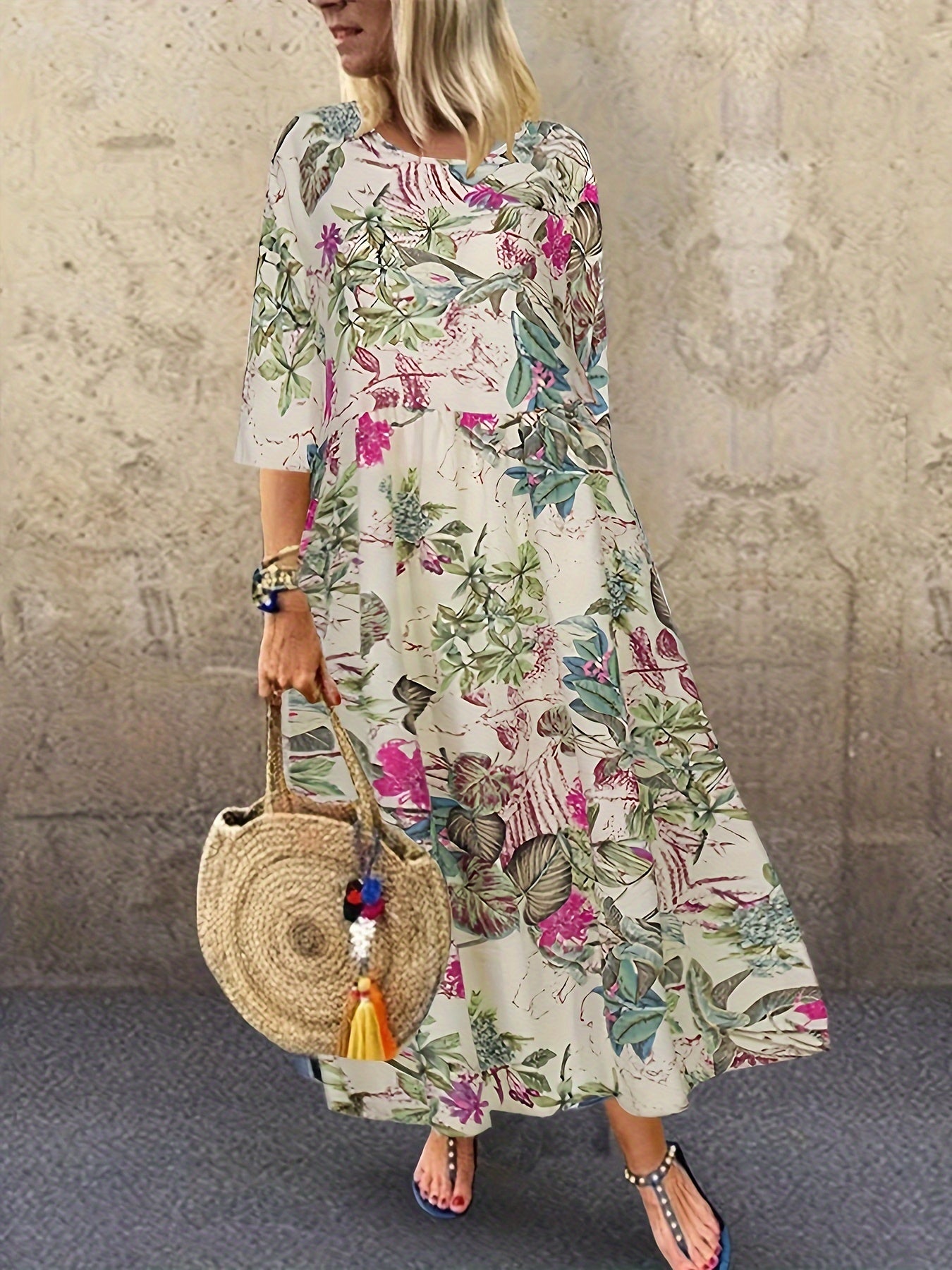 Платье большого размера с цветочным принтом для женщин, летнее повседневное, с круглым вырезом, из полиэстера