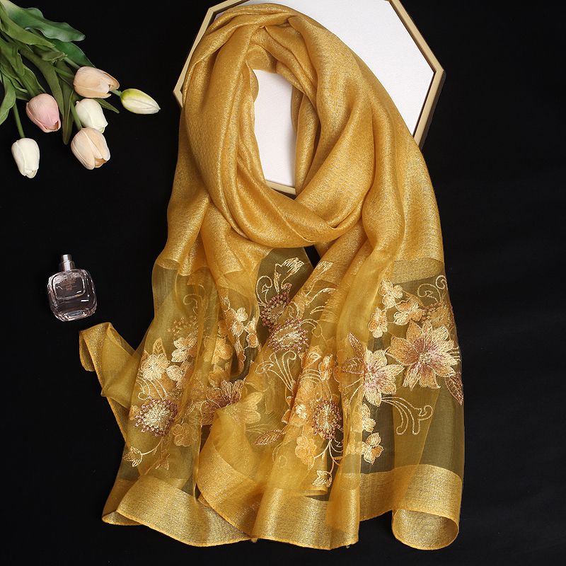 Silk and Wool Embroidery Scarf for Women Floral Long Outerwear
