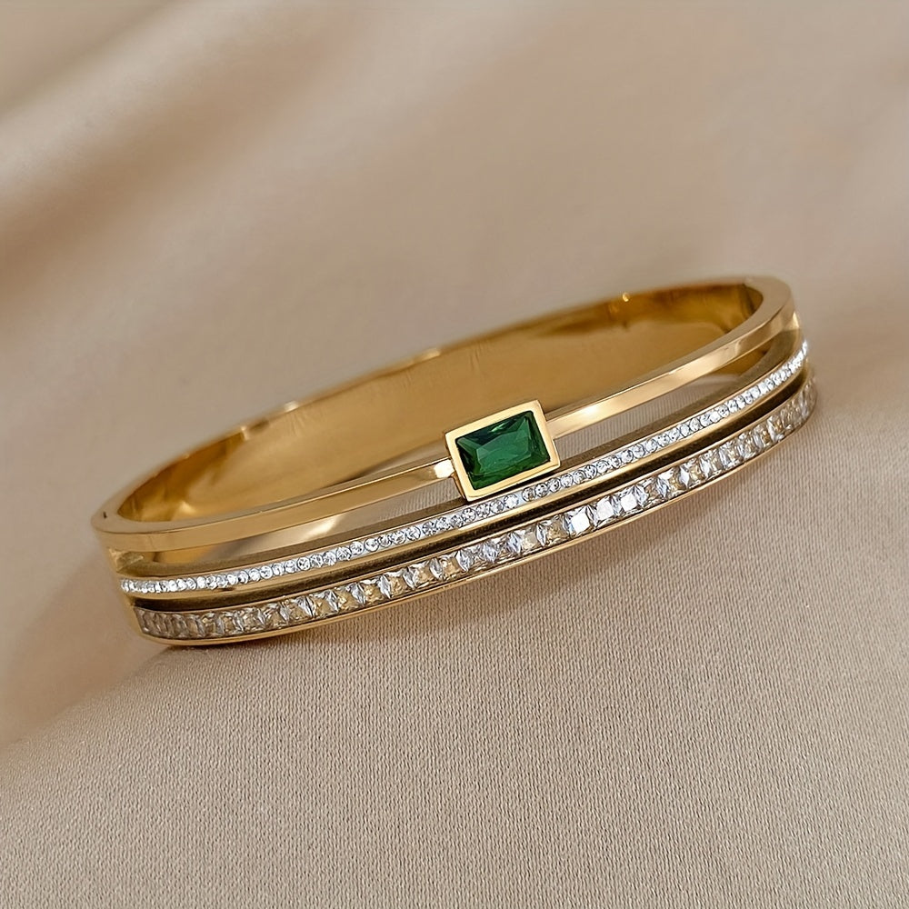 Stainless Steel Cuff Bracelet Green White Rhinestones Water-Resistant Unisex Gold Jewelry