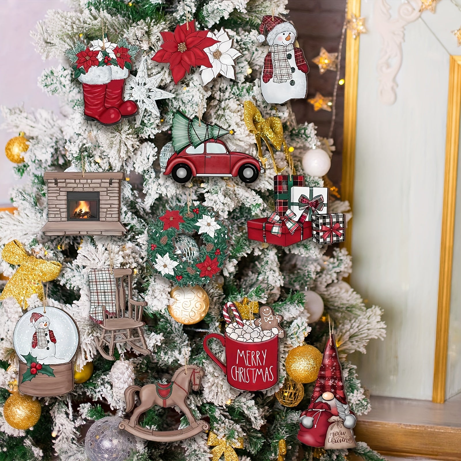 24pcs Vintage Wooden Christmas Ornaments Snowman Dwarf Truck Wreath Holiday Decor