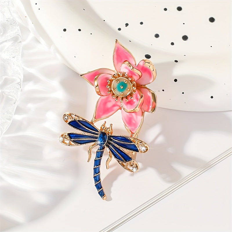 Enamel Lotus Flower and Dragonfly Brooch with Rhinestones Women Fashion Accessory