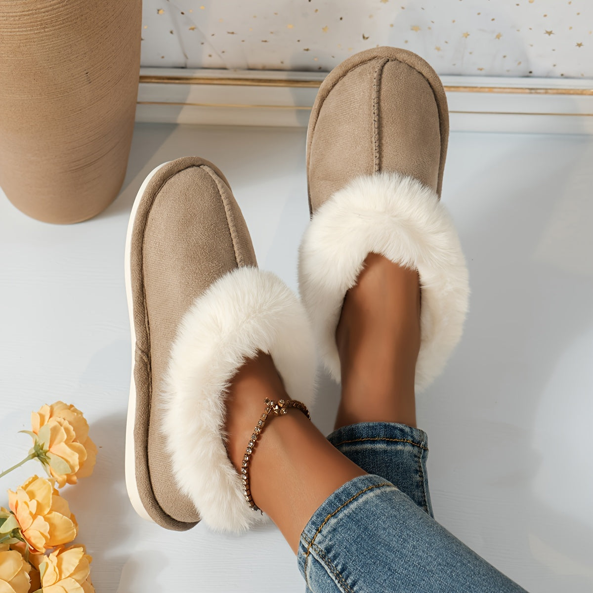 Women's Faux Fur Slippers Indoor Cozy Warm Non-Slip Boot Style