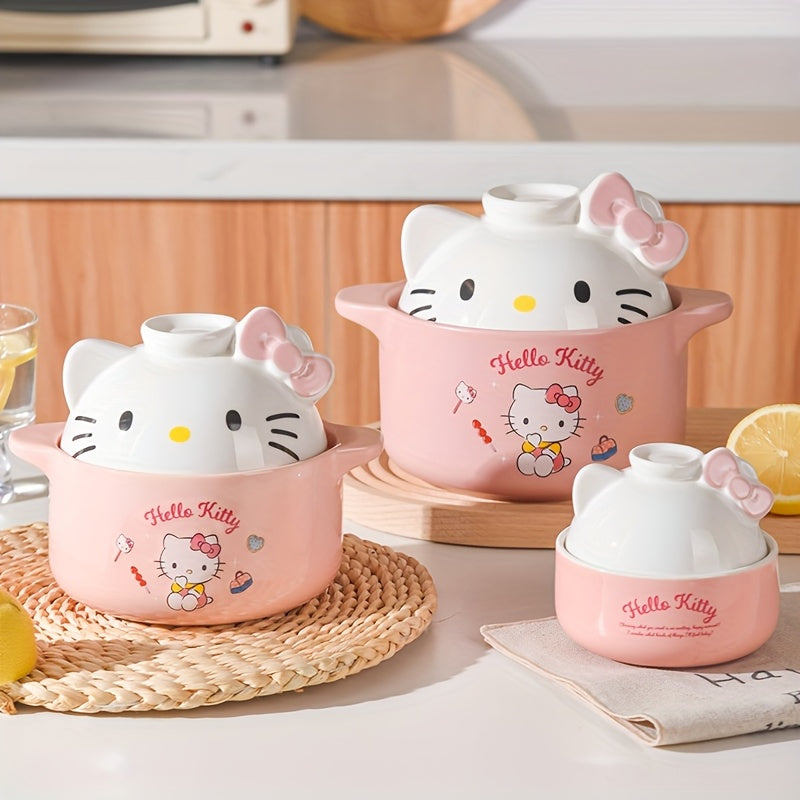 "Одна керамическая кастрюля с мультяшным персонажем Hello Kitty от Sanrio, очаровательная кастрюля для супа с крышкой, многофункциональная кастрюля для приготовления, выпечки и приготовления на пару - очаровательная кухонная посуда"
